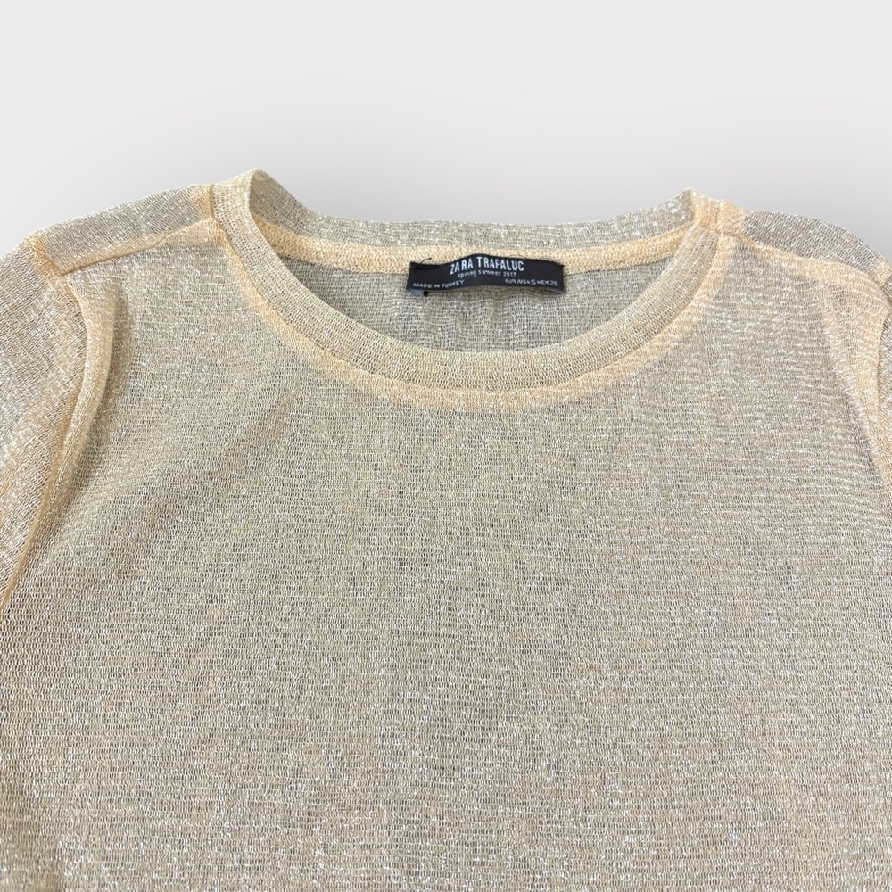 Zara Yellow Gold Mesh Metallic Shimmer Short Sleeve Fitted Blouse - Picture 3 of 3